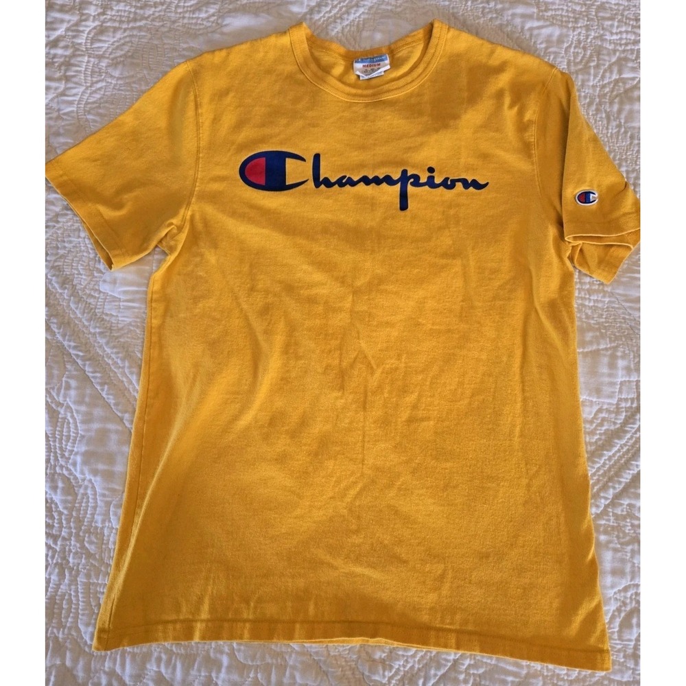 Mens Vintage Champion Jersey Tee Classic Script Bright Yellow 100% Cotton M